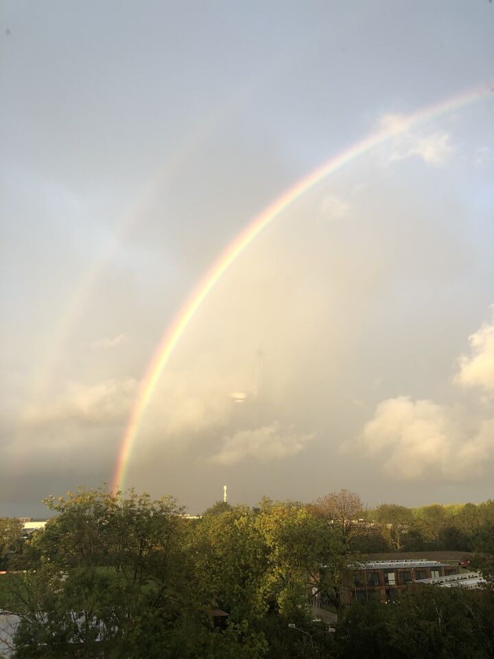 Langs de regenboog een champignon vormig object foto