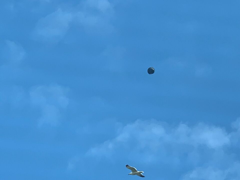 Een zwarte bol met afgevlakte zijden bewoog traag loodrecht op de windrichting foto