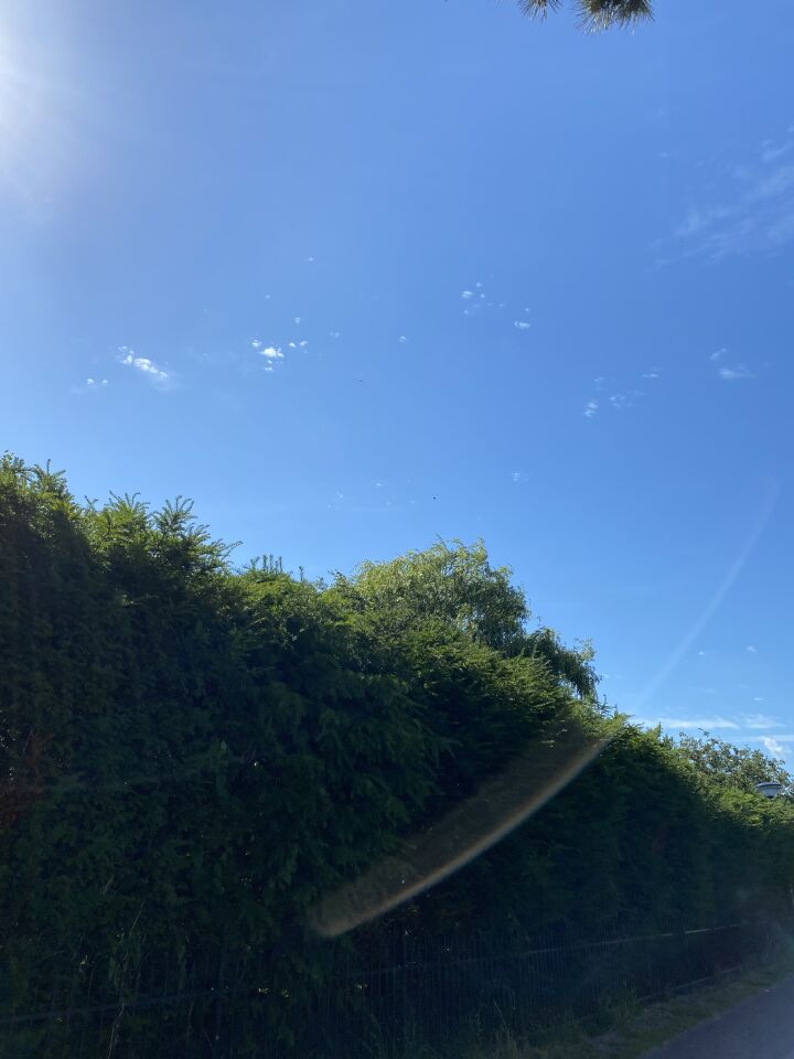 Zwart object aan blauwe hemel met constante snelheid van zuidwest naar noordoost foto