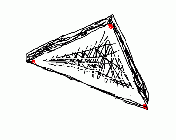 Driehoek met in elke hoek een grote gedempte rode lamp schets