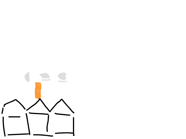 Drie witte lichten met oranje dikke straal eronder schets