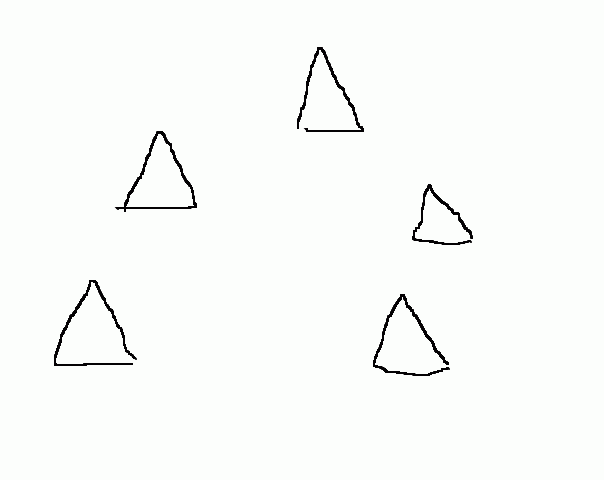 6 a 7 matgeelkleurige driehoeken in niet lijnrechte formatie schets