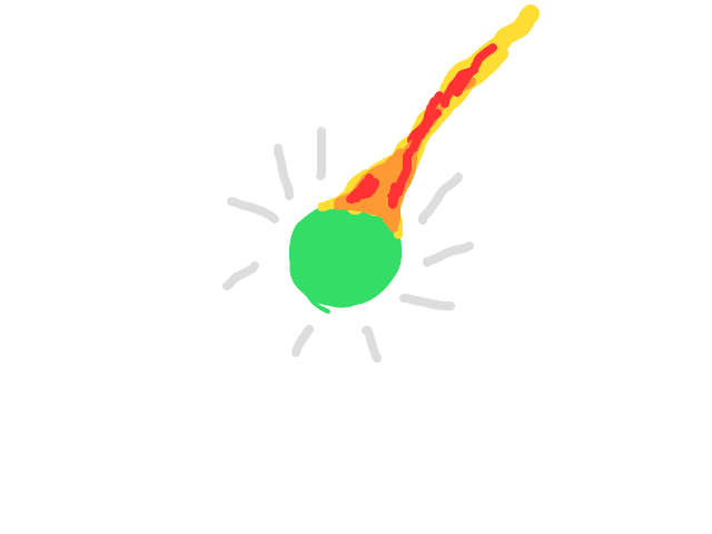 Een groene vuurbol gevogld door een oranjerode staart schets